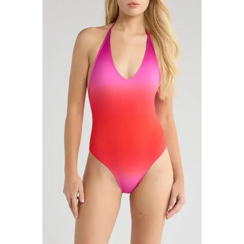 Mango Womens V Neck Halter One Piece Swimsuit Ombre Orange Pink Size Large Beach
